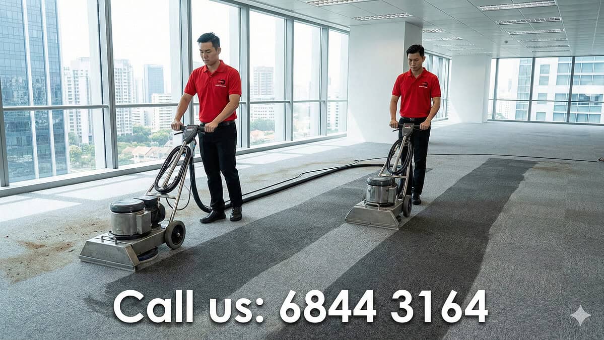 Professional office carpet cleaning in Singapore with industrial vacuum machines.