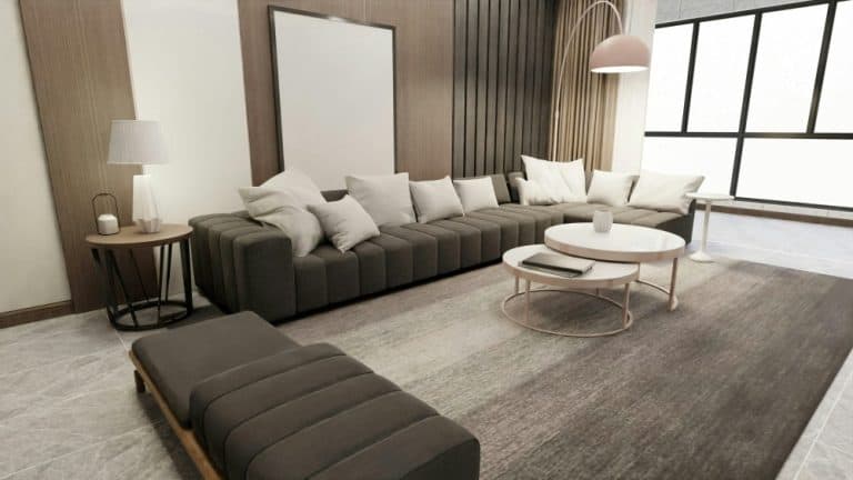 Contemporary living room with carpet, sofa, and coffee tables for cleaning method comparison.