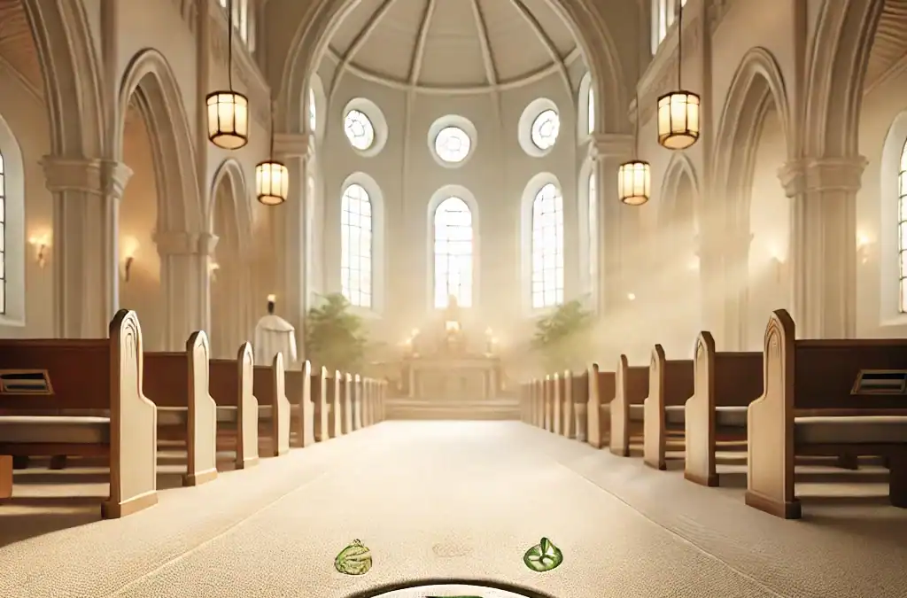 Serene interior of a church or mosque with a clean, carpeted floor and eco-friendly icons, representing specialized carpet cleaning services for religious spaces in Singapore.