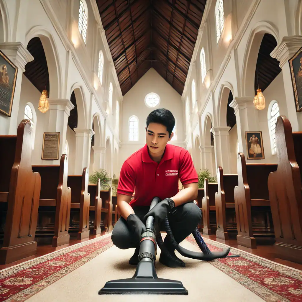 Hardworking carpet cleaner in red polo shirt using cleaning equipment on the carpet inside a bright church with wooden pews and stained glass windows, showcasing professional carpet cleaning services in Singapore.