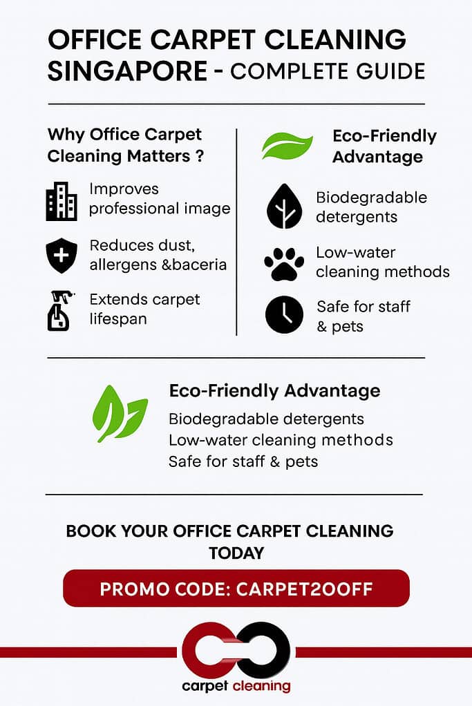 Office Carpet Cleaning Singapore - Complete Guide Infographic showing office carpet cleaning process and eco-friendly benefits in Singapore with promo code CARPET20OFF