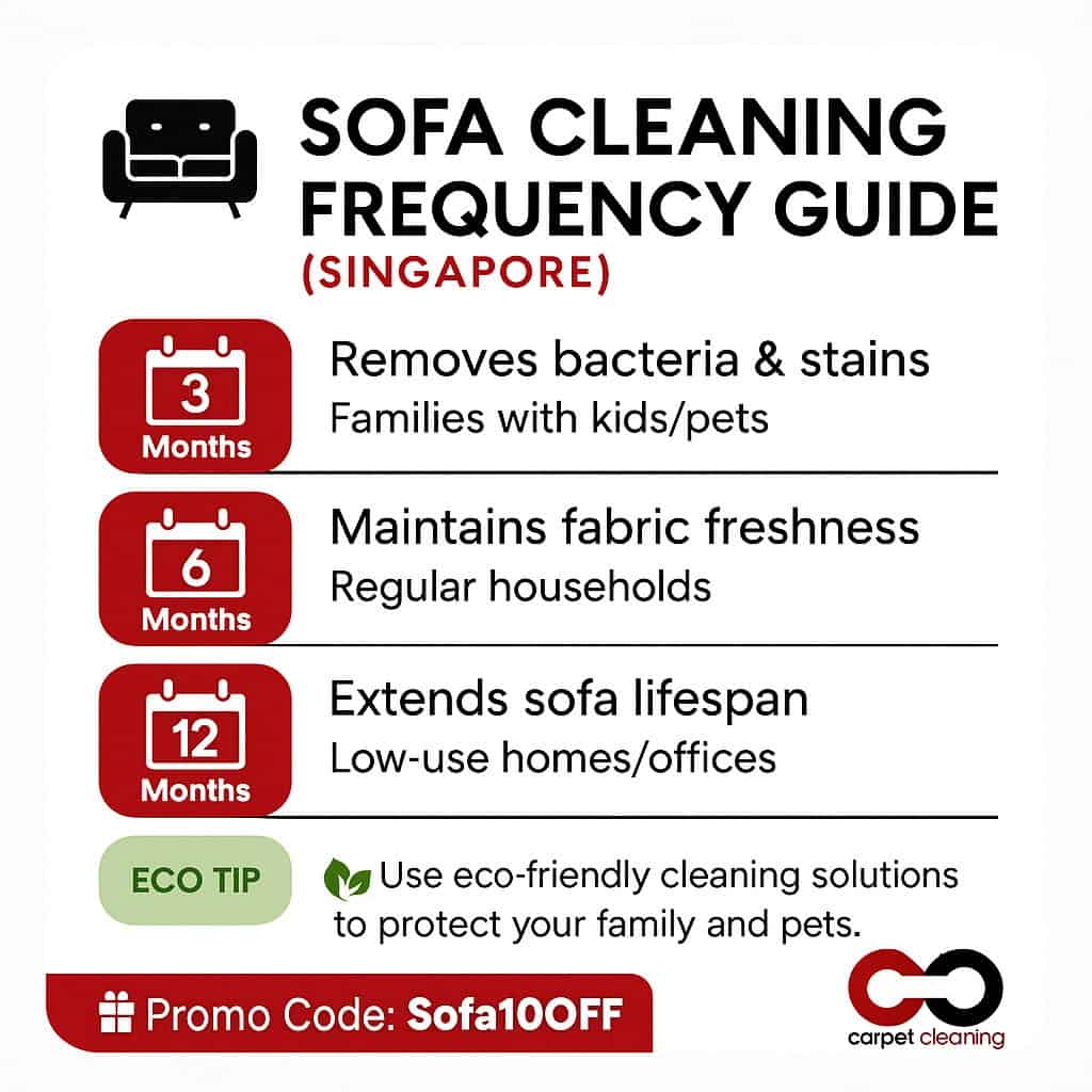 Infographic showing sofa cleaning frequency guide in Singapore with benefits for every 3, 6, and 12 months, eco tip, and promo code Sofa10OFF