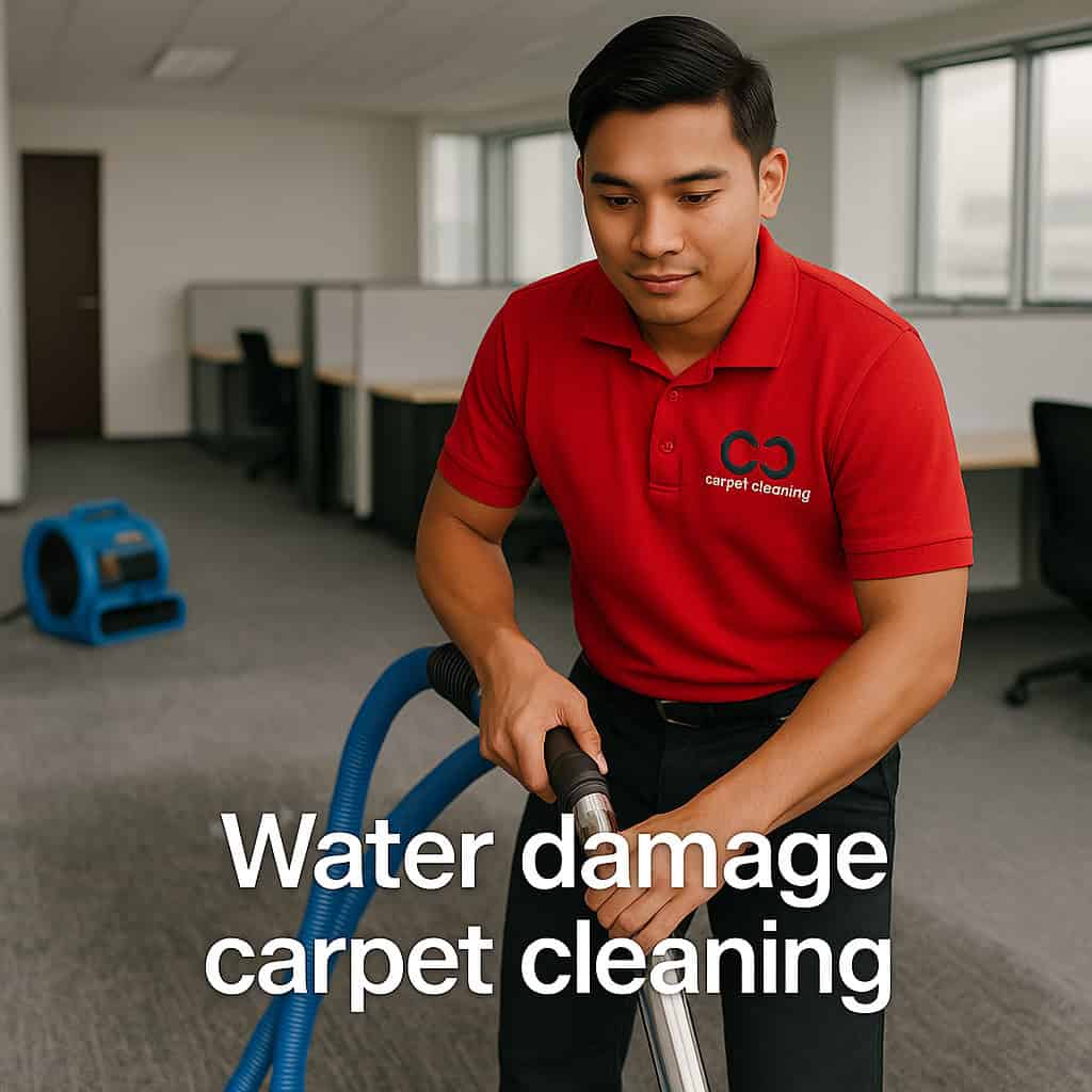 Our technician performing water damage carpet cleaning in singapore office using professional extractor.