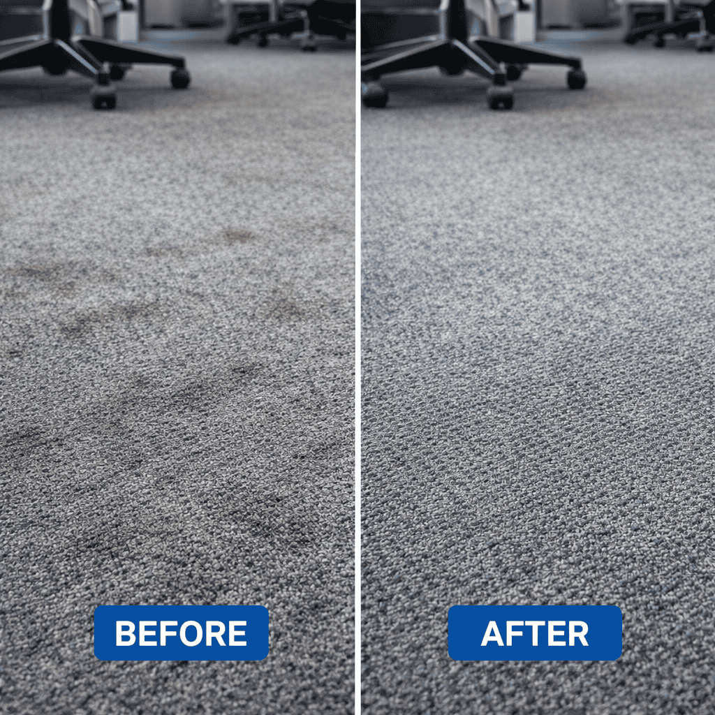 Before and after carpet steam cleaning showing stain removal in a singapore office carpet