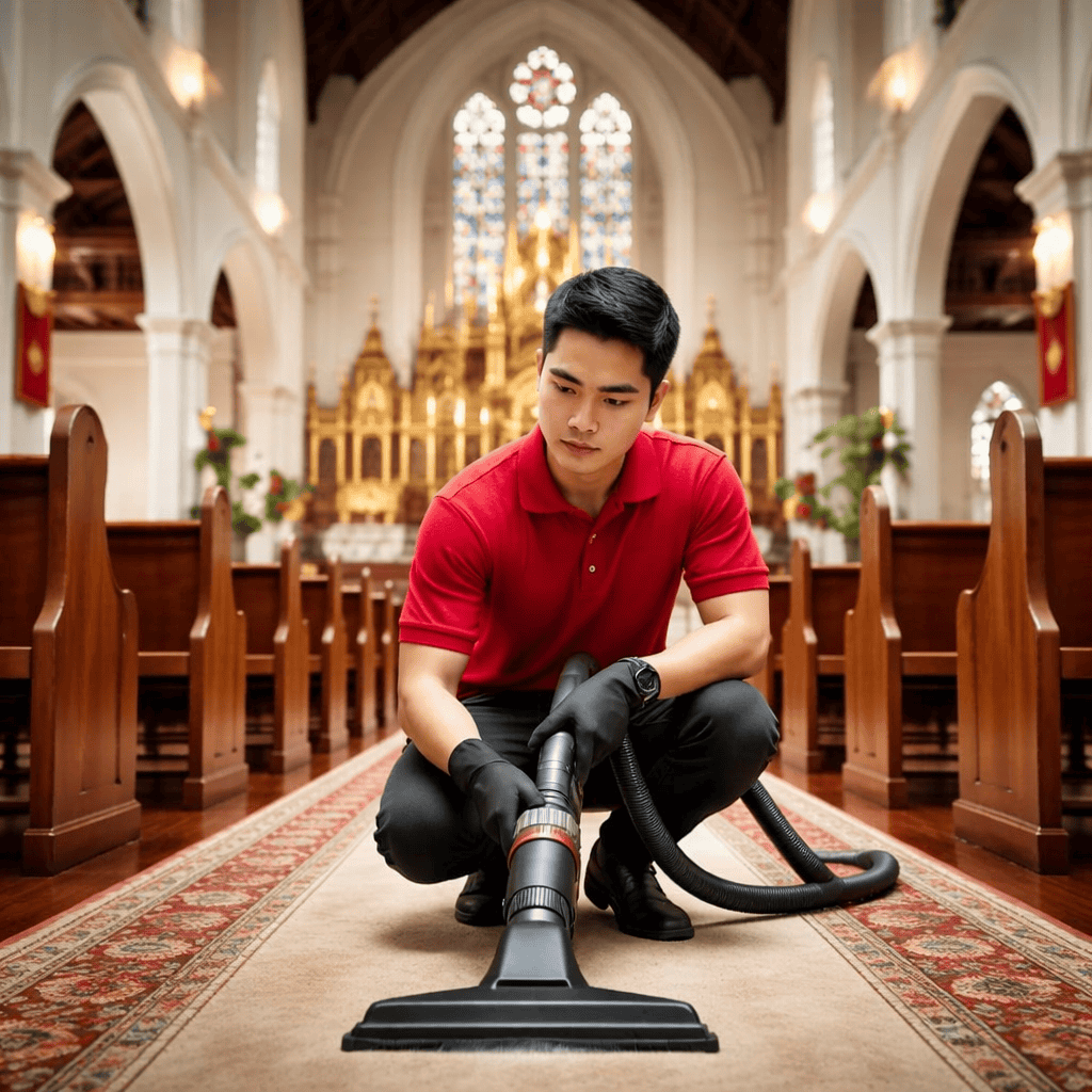 Church carpet cleaning service in singapore with technician vacuuming carpet inside a catholic church