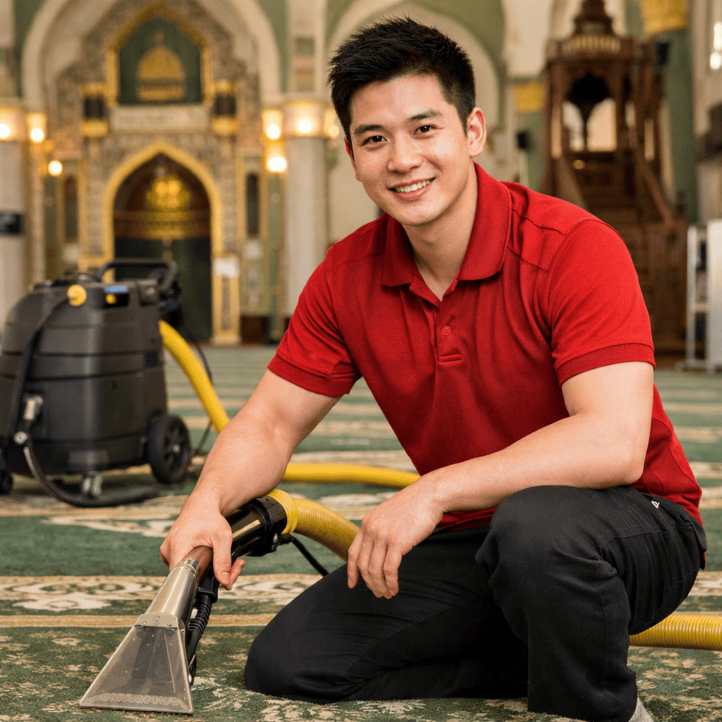 Professional technician cleaning mosque carpet in singapore with carpet extraction machine