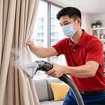 Vacuum cleaner cleaning curtains in a modern living room, ensuring a dust-free and fresh environment.