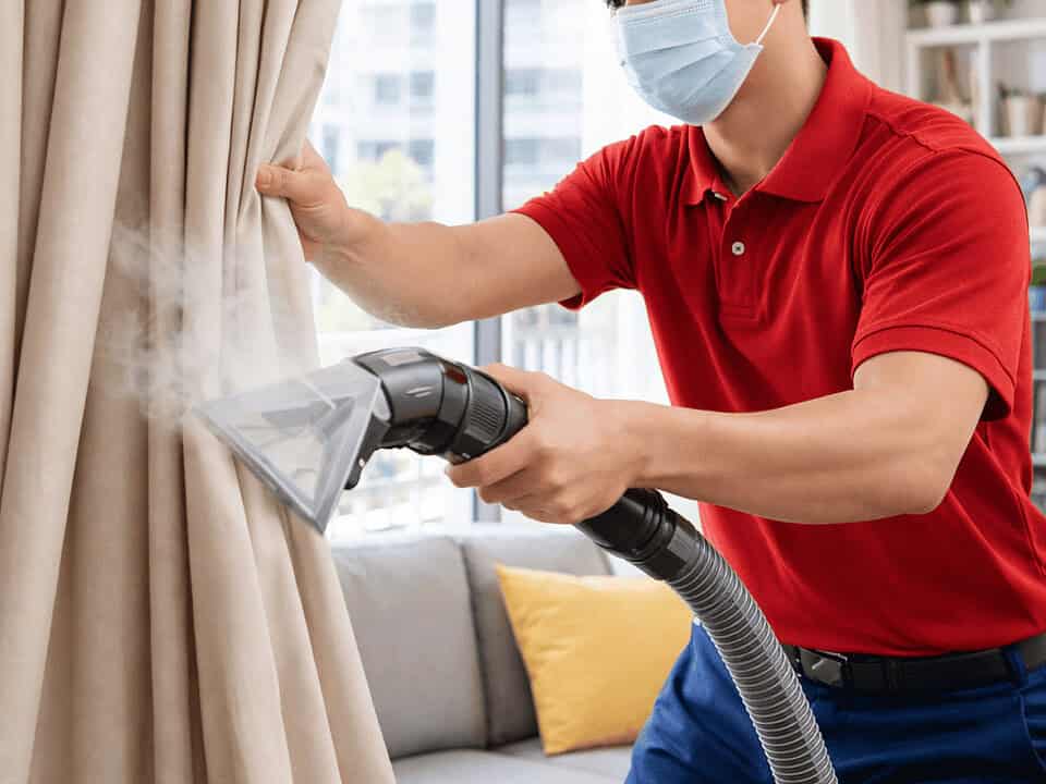 Vacuum cleaner cleaning curtains in a modern living room, ensuring a dust-free and fresh environment.