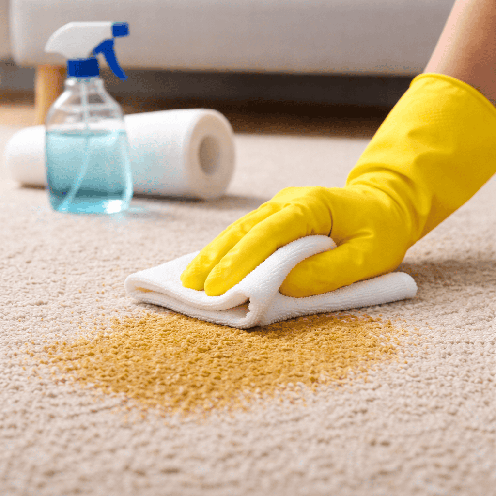 Cleaning urine stain from carpet using microfiber cloth and cleaning spray.