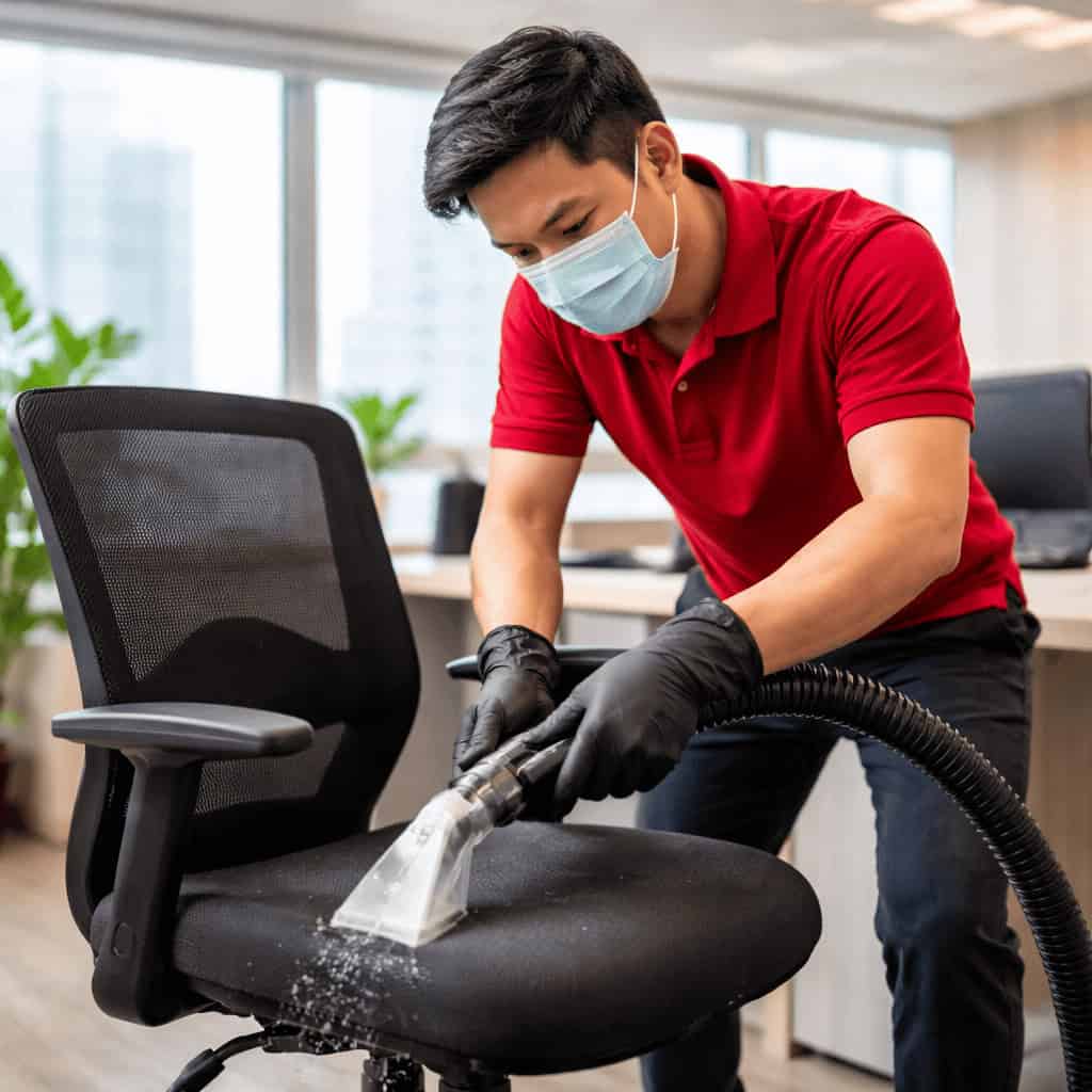 Carpet Cleaning Technician at Work Professional carpet cleaning technician using vacuum in office setting.