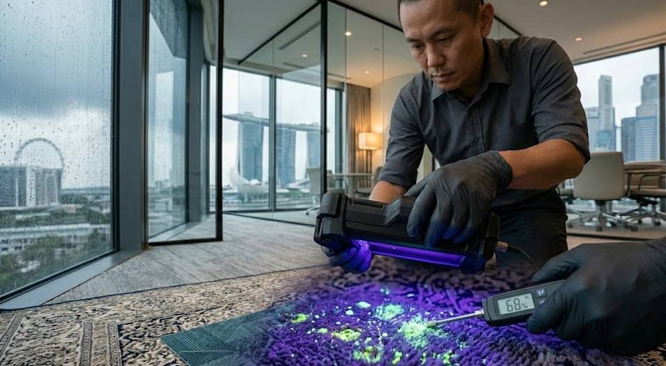 A restoration professional using a UV blacklight to identify hidden pet urine and bio-fluid contamination in deep carpet pile.