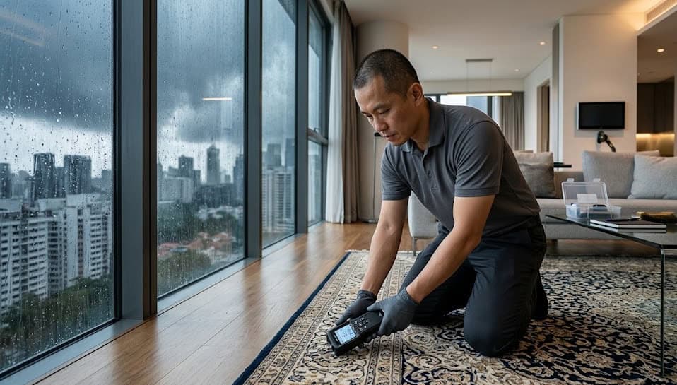 Professional diagnostic moisture testing on carpet pile in a humid Singapore apartment during the monsoon season to prevent Aspergillus mold growth.