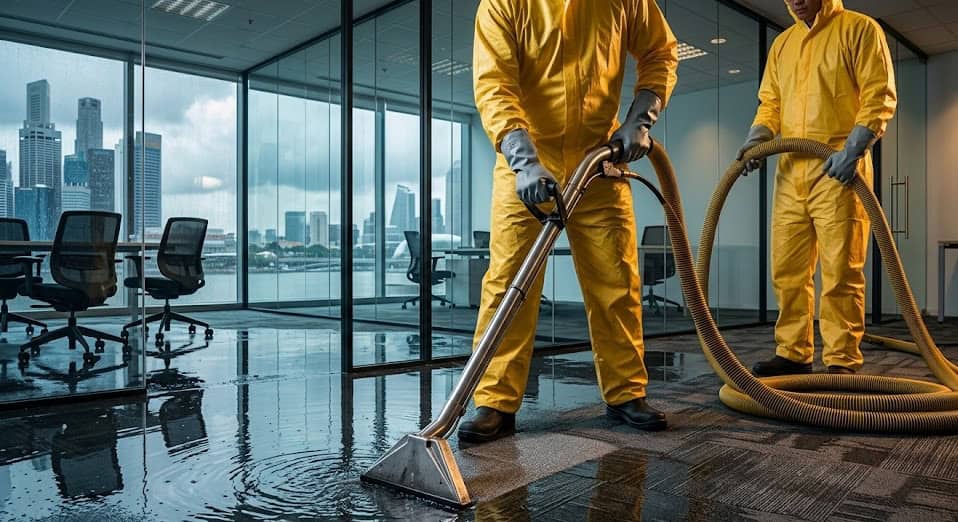 NEA-licensed technicians executing rapid subsurface moisture extraction on flooded office carpet tile in Singapore.