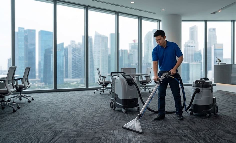 Professional carpet cleaning technician using industrial hot water extraction machine in a Singapore office to prevent commercial carpet fiber damage.