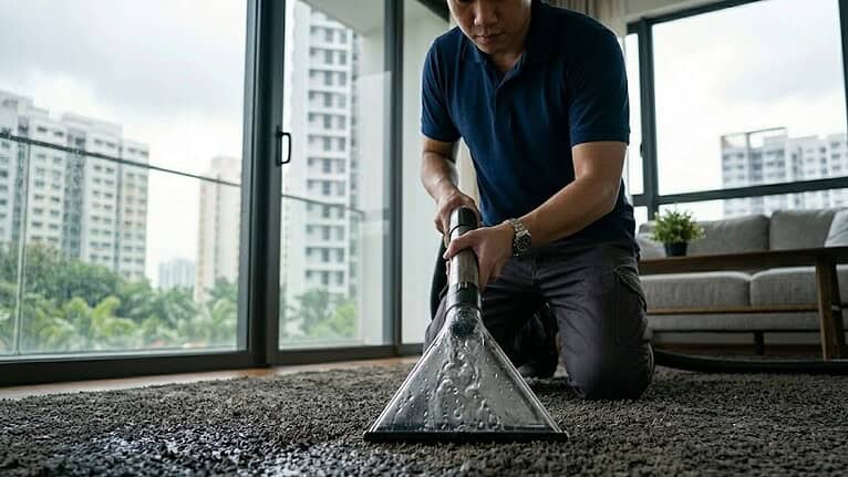 NEA-licensed technician performing emergency sub-surface water extraction on a flooded condo carpet in Singapore.