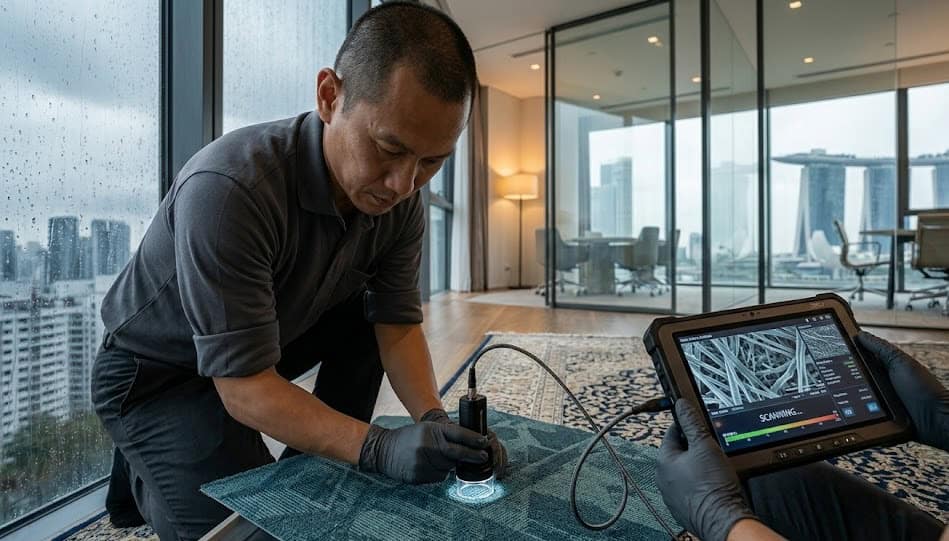 A facility manager conducting a technical carpet fiber degradation audit in a modern Singapore CBD corporate office.