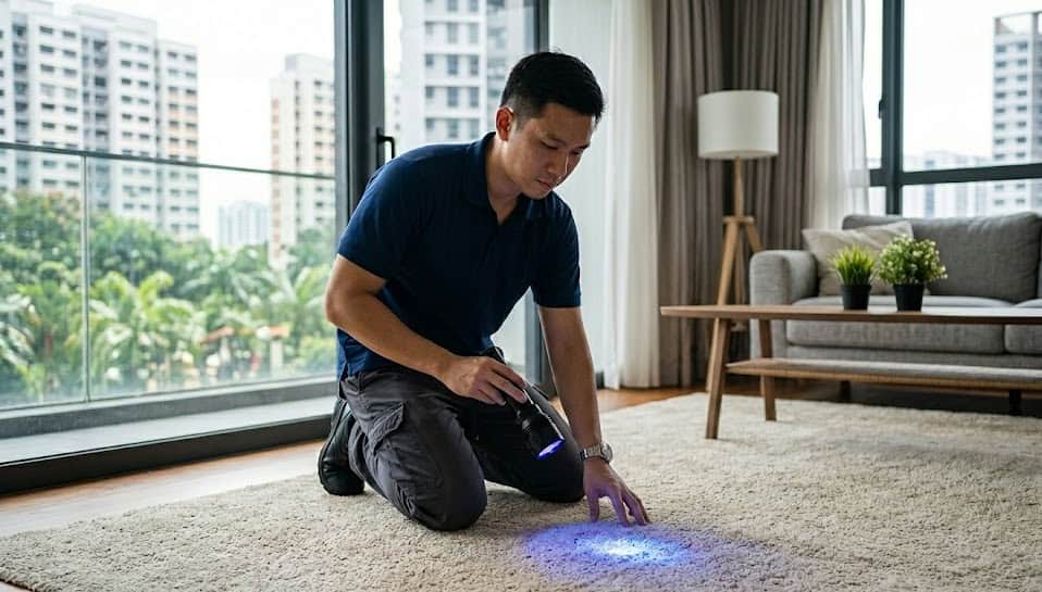 Professional technician using UV light to detect fungal bio-spores and pathogen contamination in a Singapore residential carpet.