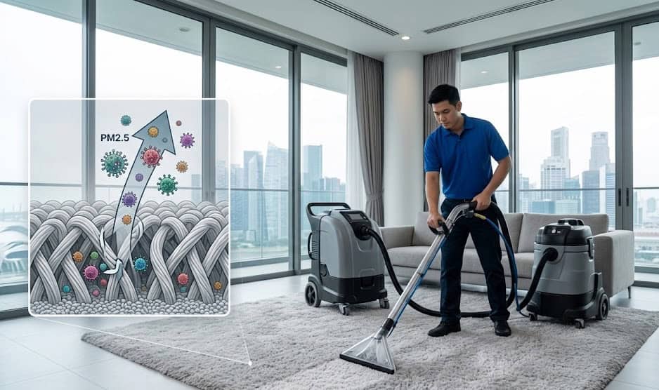 NEA-compliant carpet extraction technician removing PM2.5 particulate matter and VOCs from residential carpet fibers in Singapore.
