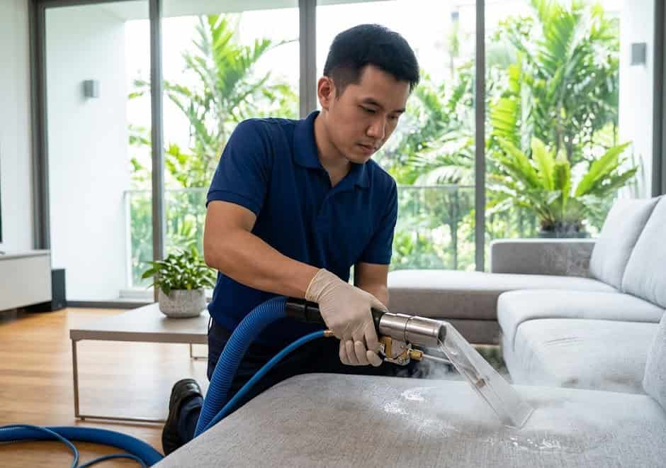 Professional technician performing high-temperature thermal steam extraction on a fabric sofa to eradicate dust mites and allergens in Singapore.