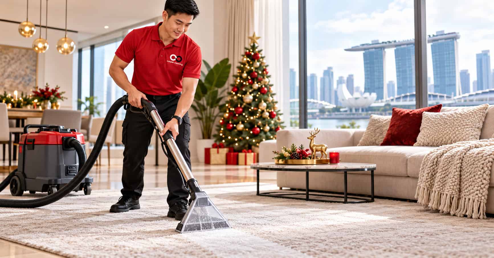 Christmas carpet cleaning Singapore 2026 with professional cleaner in red uniform cleaning a festive home