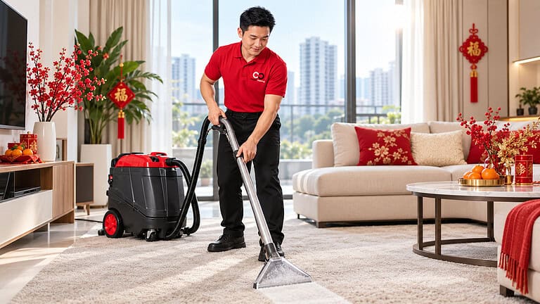 CNY carpet cleaning Singapore 2027 with professional carpet cleaner in a festive home