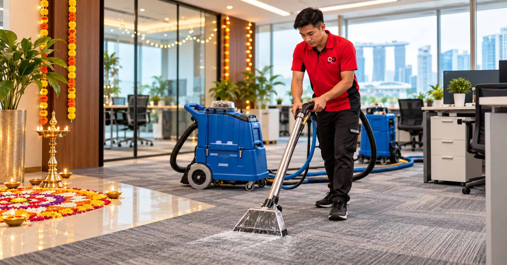 Deepavali carpet cleaning Singapore 2026 with professional cleaner using carpet extraction equipment in a festive office